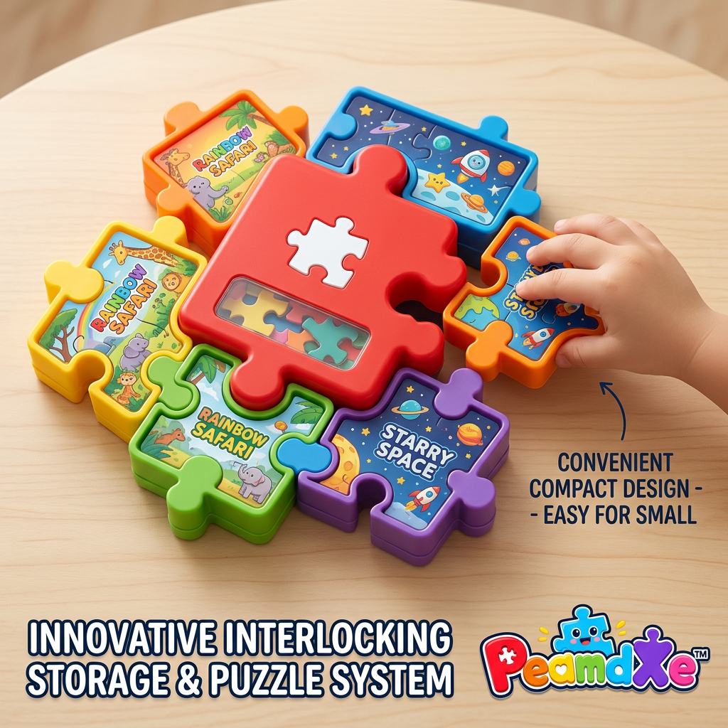 PeamdXe™ Interlocking Jigsaw Puzzle Storage & Play System | 3D Stacking Puzzle Organizer Boxes with Rainbow Safari & Starry Space Themes | Portable Montessori Travel Toy for Toddlers & Preschoolers Fine Motor Skills Development