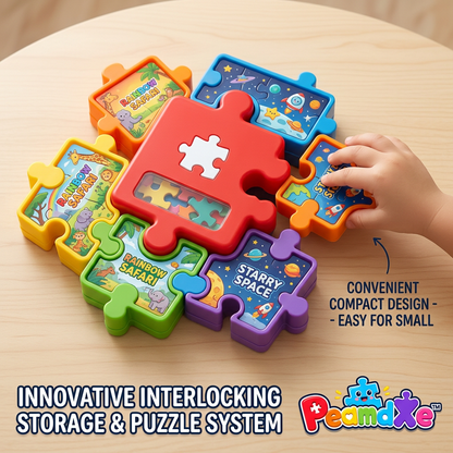 PeamdXe™ Interlocking Jigsaw Puzzle Storage & Play System | 3D Stacking Puzzle Organizer Boxes with Rainbow Safari & Starry Space Themes | Portable Montessori Travel Toy for Toddlers & Preschoolers Fine Motor Skills Development