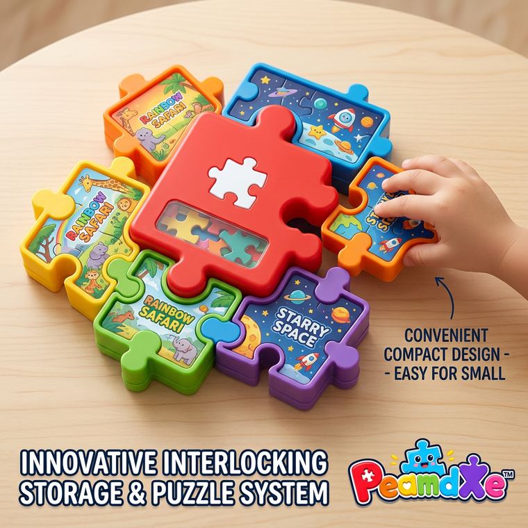PeamdXe™ Interlocking Jigsaw Puzzle Storage & Play System | 3D Stacking Puzzle Organizer Boxes with Rainbow Safari & Starry Space Themes | Portable Montessori Travel Toy for Toddlers & Preschoolers Fine Motor Skills Development
