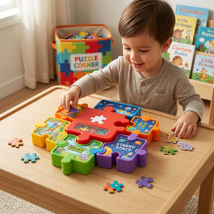 PeamdXe™ Interlocking Jigsaw Puzzle Storage & Play System | 3D Stacking Puzzle Organizer Boxes with Rainbow Safari & Starry Space Themes | Portable Montessori Travel Toy for Toddlers & Preschoolers Fine Motor Skills Development