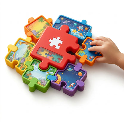 PeamdXe™ Interlocking Jigsaw Puzzle Storage & Play System | 3D Stacking Puzzle Organizer Boxes with Rainbow Safari & Starry Space Themes | Portable Montessori Travel Toy for Toddlers & Preschoolers Fine Motor Skills Development