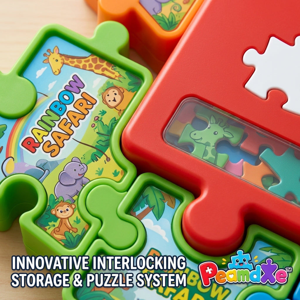PeamdXe™ Interlocking Jigsaw Puzzle Storage & Play System | 3D Stacking Puzzle Organizer Boxes with Rainbow Safari & Starry Space Themes | Portable Montessori Travel Toy for Toddlers & Preschoolers Fine Motor Skills Development