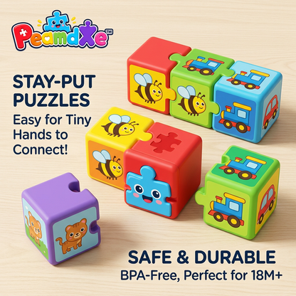 PeamdXe™ Stay-Put Puzzle Blocks for Toddlers 1-3 | Interlocking Connect & Match Sensory Cubes | Safe BPA-Free Fine Motor Skills Learning Toy for 18 Months+ | Preschool Educational Building Toy Set with Cute Animals & Vehicles