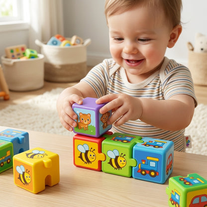 PeamdXe™ Stay-Put Puzzle Blocks for Toddlers 1-3 | Interlocking Connect & Match Sensory Cubes | Safe BPA-Free Fine Motor Skills Learning Toy for 18 Months+ | Preschool Educational Building Toy Set with Cute Animals & Vehicles