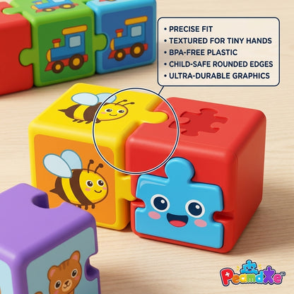 PeamdXe™ Stay-Put Puzzle Blocks for Toddlers 1-3 | Interlocking Connect & Match Sensory Cubes | Safe BPA-Free Fine Motor Skills Learning Toy for 18 Months+ | Preschool Educational Building Toy Set with Cute Animals & Vehicles