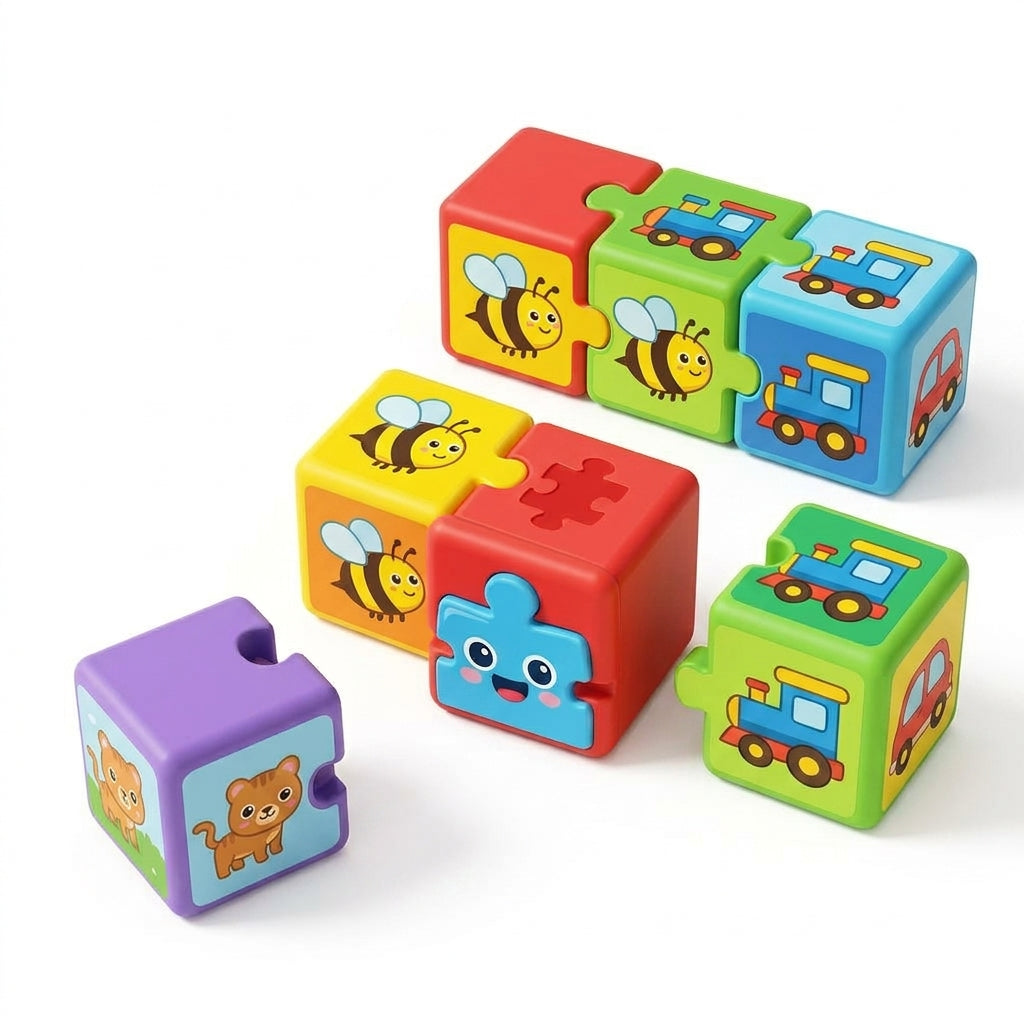 PeamdXe™ Stay-Put Puzzle Blocks for Toddlers 1-3 | Interlocking Connect & Match Sensory Cubes | Safe BPA-Free Fine Motor Skills Learning Toy for 18 Months+ | Preschool Educational Building Toy Set with Cute Animals & Vehicles