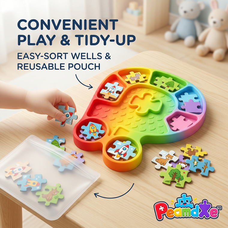 PeamdXe™ Wooden Toddler Puzzles with Rainbow Silicone Sorting Tray & Storage Pouch, Montessori Shape Color Sorter Game, Fine Motor Skills Sensory Educational Toys for Kids Boys Girls Ages 1 2 3+