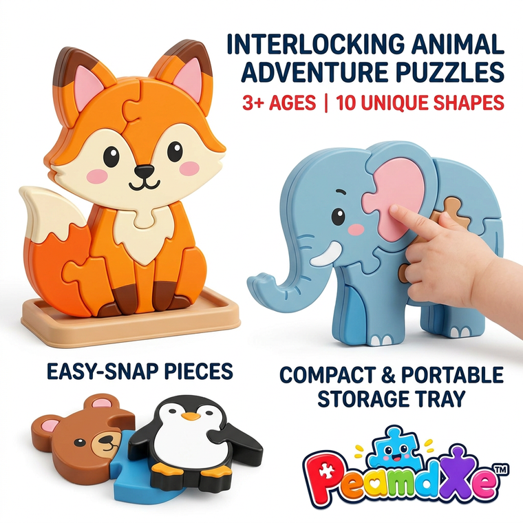 PeamdXe™ 3D Interlocking Animal Puzzles for Toddlers 3+ Years Old - 10 Unique Shape-Sorting Jigsaw Animals with Portable Storage Tray, Fine Motor Skills & STEM Educational Toy for Preschool Boys & Girls