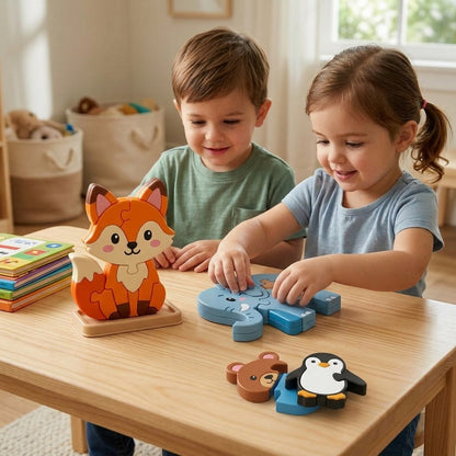 PeamdXe™ 3D Interlocking Animal Puzzles for Toddlers 3+ Years Old - 10 Unique Shape-Sorting Jigsaw Animals with Portable Storage Tray, Fine Motor Skills & STEM Educational Toy for Preschool Boys & Girls