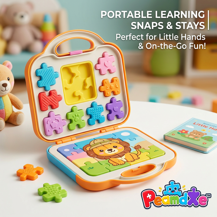 PeamdXe™ Portable Travel Puzzle Toy for Toddlers - 2-in-1 Sensory Shape Sorter & Jigsaw Puzzle with Snaps-and-Stays Design, Montessori Fine Motor Skills Learning Toy for 1 2 3 Year Old Boys Girls