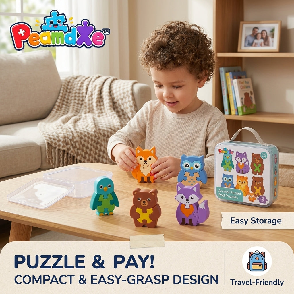 PeamdXe™ 3D Chunky Animal Puzzles for Kids Age 4-6, 6-Pack Travel-Friendly Pocket Pod Puzzles with Storage Case, STEM Montessori Learning & Fine Motor Skills Toys, Birthday Christmas Gift for Toddlers Boys Girls