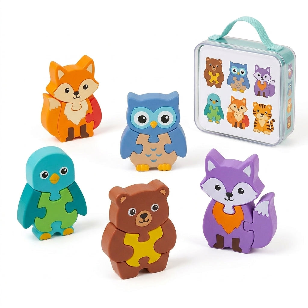 PeamdXe™ 3D Chunky Animal Puzzles for Kids Age 4-6, 6-Pack Travel-Friendly Pocket Pod Puzzles with Storage Case, STEM Montessori Learning & Fine Motor Skills Toys, Birthday Christmas Gift for Toddlers Boys Girls