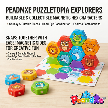 PeamdXe™ Puzzletopia Explorers Magnetic Hex Blocks - 3D Animal Matching Puzzle Board Game, STEM Toddler Building Toys for Hand-Eye Coordination, Chunky Educational Sensory Toy Gift for Kids Boys Girls 3+