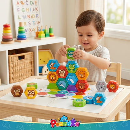 PeamdXe™ Puzzletopia Explorers Magnetic Hex Blocks - 3D Animal Matching Puzzle Board Game, STEM Toddler Building Toys for Hand-Eye Coordination, Chunky Educational Sensory Toy Gift for Kids Boys Girls 3+