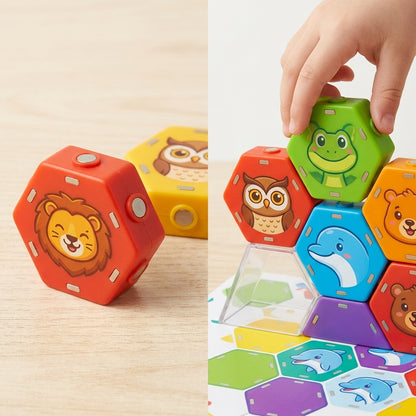 PeamdXe™ Puzzletopia Explorers Magnetic Hex Blocks - 3D Animal Matching Puzzle Board Game, STEM Toddler Building Toys for Hand-Eye Coordination, Chunky Educational Sensory Toy Gift for Kids Boys Girls 3+