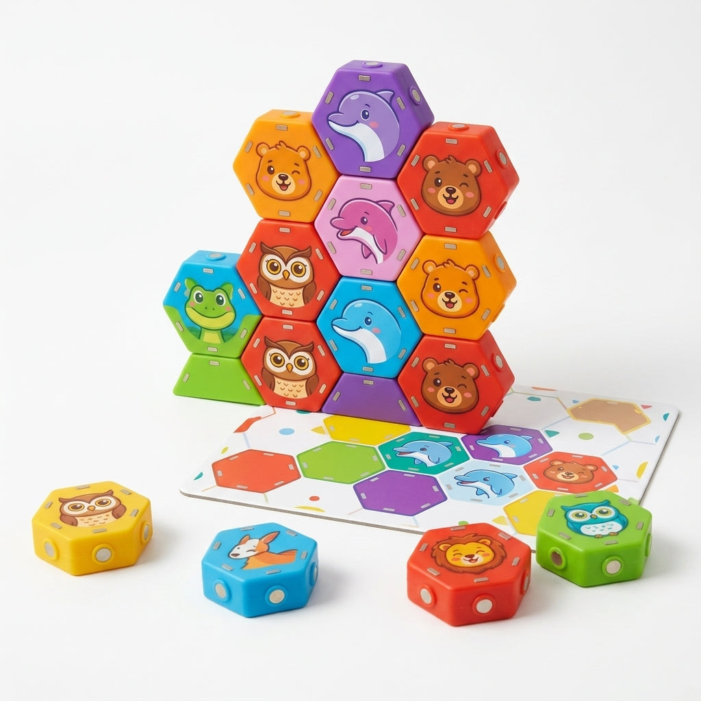 PeamdXe™ Puzzletopia Explorers Magnetic Hex Blocks - 3D Animal Matching Puzzle Board Game, STEM Toddler Building Toys for Hand-Eye Coordination, Chunky Educational Sensory Toy Gift for Kids Boys Girls 3+